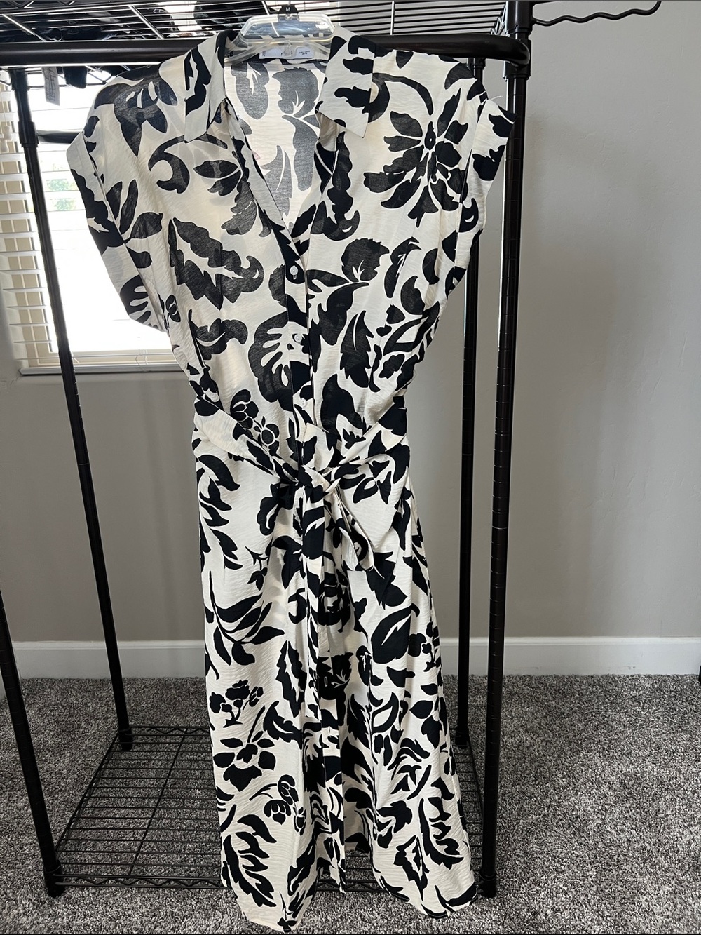 Mango Black & White Floral Tie-Waist Dress